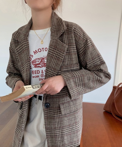 セール】中綿ダブル チェック柄 オーバーコート（テーラードジャケット