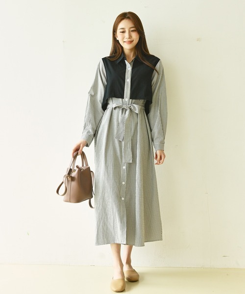 me+em select（ミームセレクト）の「トレンチストライプシャツワンピース（シャツワンピース・レディース・ベージュ/ブルー/ブラック・FREE）」の2枚目の写真