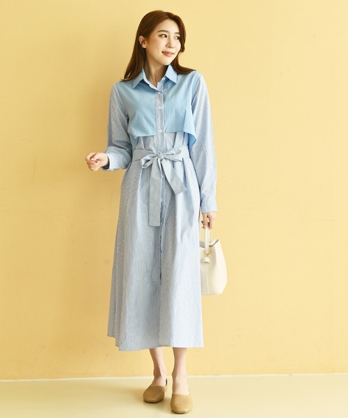 me+em select（ミームセレクト）の「トレンチストライプシャツワンピース（シャツワンピース・レディース・ベージュ/ブルー/ブラック・FREE）」の5枚目の写真