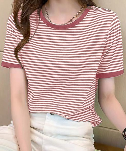 Ulysses(ユリシス)の「カラーボーダーTシャツ(Tシャツ/カットソー・レディース・ブラック/ブラウン/グリーン/ライトグレー/ダークグレー/ダークベージュ/ライトピンク/ピンク系その他/ピンクベージュ/ブルー/グレイッシュブルー/ライトベージュ/モカ/イエロー・M/L)」の13枚目の写真