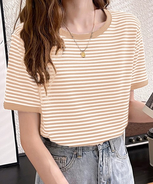 Ulysses(ユリシス)の「カラーボーダーTシャツ(Tシャツ/カットソー・レディース・ブラック/ブラウン/グリーン/ライトグレー/ダークグレー/ダークベージュ/ライトピンク/ピンク系その他/ピンクベージュ/ブルー/グレイッシュブルー/ライトベージュ/モカ/イエロー・M/L)」の6枚目の写真