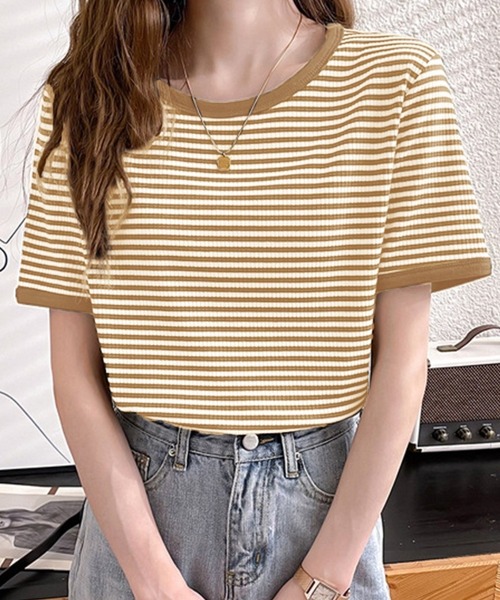 Ulysses(ユリシス)の「カラーボーダーTシャツ(Tシャツ/カットソー・レディース・ブラック/ブラウン/グリーン/ライトグレー/ダークグレー/ダークベージュ/ライトピンク/ピンク系その他/ピンクベージュ/ブルー/グレイッシュブルー/ライトベージュ/モカ/イエロー・M/L)」の7枚目の写真