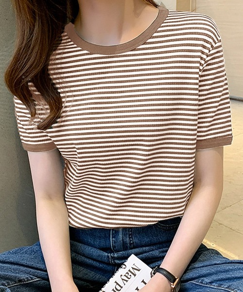 Ulysses(ユリシス)の「カラーボーダーTシャツ(Tシャツ/カットソー・レディース・ブラック/ブラウン/グリーン/ライトグレー/ダークグレー/ダークベージュ/ライトピンク/ピンク系その他/ピンクベージュ/ブルー/グレイッシュブルー/ライトベージュ/モカ/イエロー・M/L)」の5枚目の写真