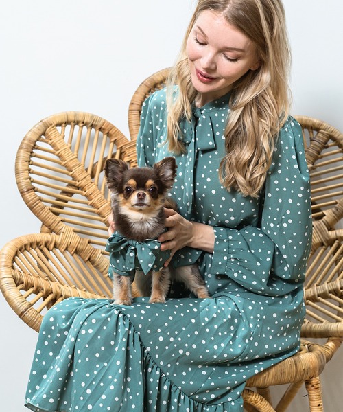 Toyome（トヨミー）の「【飼い主と犬服のペアルックセット】リボンタイ付きドット柄ワンピース（ペットウェア・レディース・ブラック/グリーン・M/S/XXS/L/SS）」の3枚目の写真