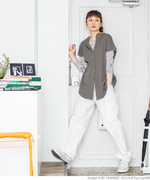 coca(coca)(コカ)の「前後2WAYラフワッフルボタントップス(Tシャツ/カットソー・レディース・チャコールグレー/ブラック・M/L)」の7枚目の写真