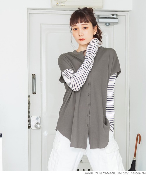 coca(coca)(コカ)の「前後2WAYラフワッフルボタントップス(Tシャツ/カットソー・レディース・チャコールグレー/ブラック・M/L)」の9枚目の写真
