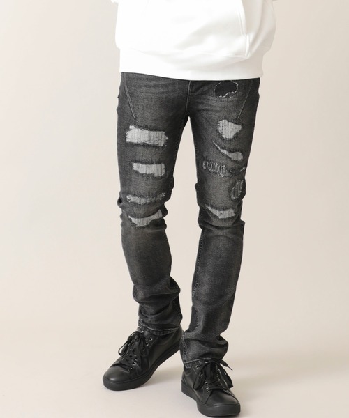 STUDIOUS SELECT（ステュディオスセレクト）の「【NUMBER(N)INE】別注クラッシュスキニーデニムパンツ（デニムパンツ・メンズ・ブラック/インディゴブルー・3/1/2）」の5枚目の写真