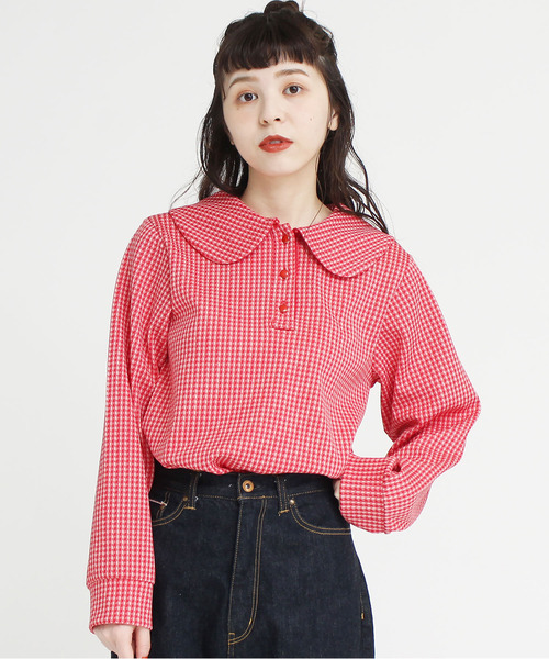 CHILD WOMAN(チャイルドウーマン)の「ギンガムJAQ BIG衿プルオーバー(Tシャツ/カットソー・レディース・レッド/ブラウン・FREE)」の1枚目の写真