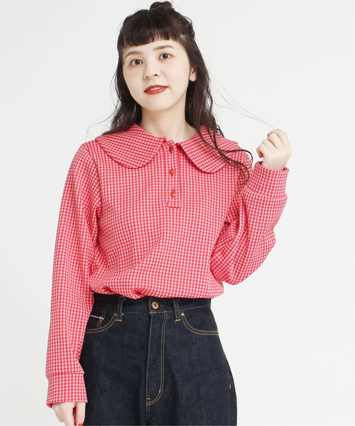 CHILD WOMAN(チャイルドウーマン)の「ギンガムJAQ BIG衿プルオーバー(Tシャツ/カットソー・レディース・レッド/ブラウン・FREE)」の4枚目の写真