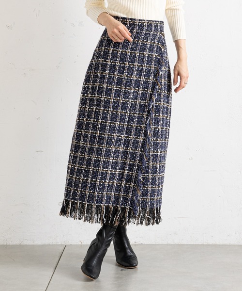 prose verse（プロズヴェール）の「ツイードチェックフリンジラップスカート（スカート・レディース・オフホワイト/ブルー・ﾌﾘ-）」の7枚目の写真