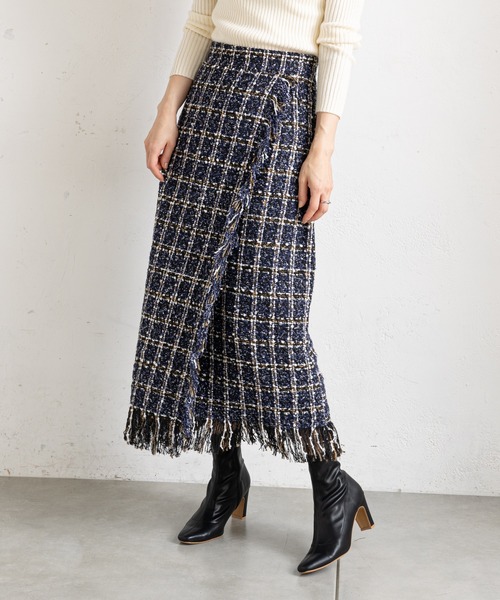prose verse（プロズヴェール）の「ツイードチェックフリンジラップスカート（スカート・レディース・オフホワイト/ブルー・ﾌﾘ-）」の4枚目の写真