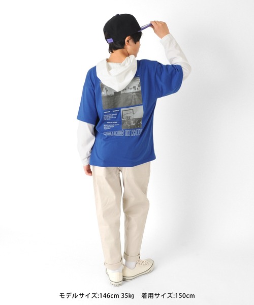 GLAZOS(グラソス)の「天竺・ドロップショルダーバックフォトプリントレイヤードTパーカー(Tシャツ/カットソー・キッズ・ホワイト/ブルー/ブラック・130cm/140cm/150cm/160cm/170cm)」の4枚目の写真