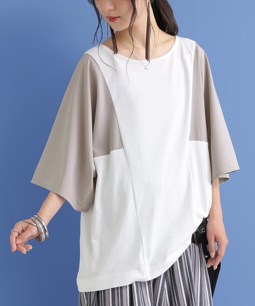 osharewalker（オシャレウォーカー）の「【廃盤】『異素材スリーブ配色切替カットソー』（Tシャツ/カットソー・レディース・モカ/ブラック/オフホワイト/ミント/マスタード/ピンク・FREE）」の2枚目の写真