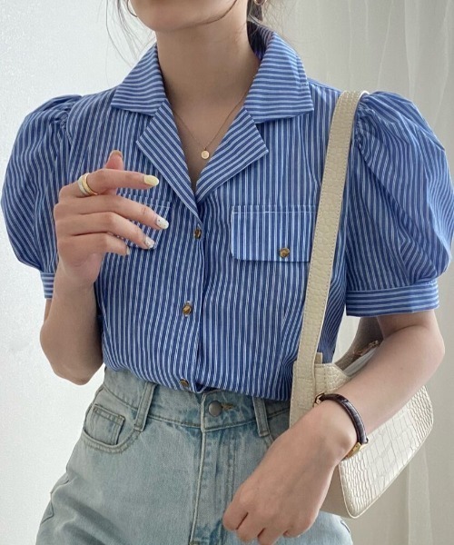 MANGROVE（マングローブ）の「オープンカラーストライプブラウス（シャツ/ブラウス・レディース・グレー/ブルー・FREE）」の2枚目の写真