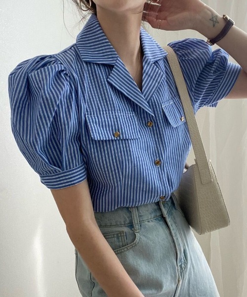 MANGROVE（マングローブ）の「オープンカラーストライプブラウス（シャツ/ブラウス・レディース・グレー/ブルー・FREE）」の4枚目の写真