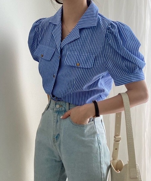 MANGROVE（マングローブ）の「オープンカラーストライプブラウス（シャツ/ブラウス・レディース・グレー/ブルー・FREE）」の3枚目の写真