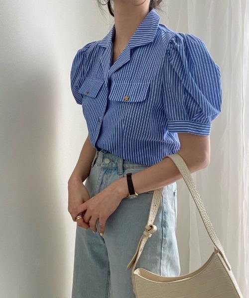 MANGROVE（マングローブ）の「オープンカラーストライプブラウス（シャツ/ブラウス・レディース・グレー/ブルー・FREE）」の8枚目の写真