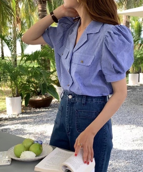MANGROVE（マングローブ）の「オープンカラーストライプブラウス（シャツ/ブラウス・レディース・グレー/ブルー・FREE）」の11枚目の写真