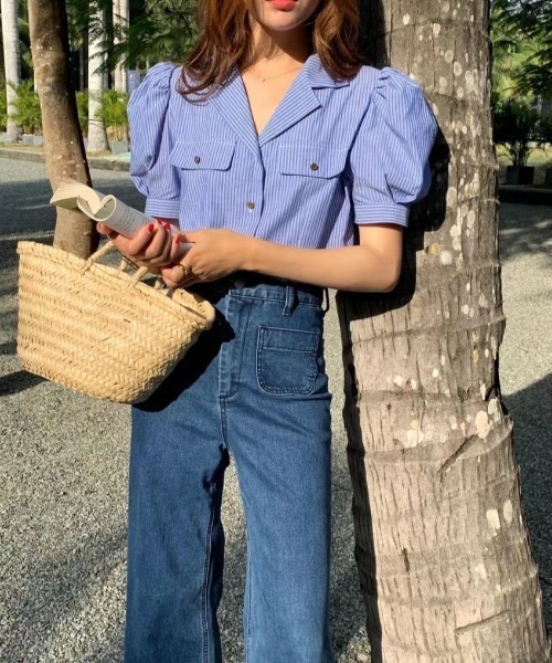 MANGROVE（マングローブ）の「オープンカラーストライプブラウス（シャツ/ブラウス・レディース・グレー/ブルー・FREE）」の7枚目の写真