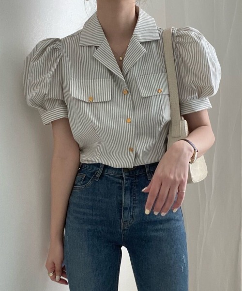 MANGROVE（マングローブ）の「オープンカラーストライプブラウス（シャツ/ブラウス・レディース・グレー/ブルー・FREE）」の5枚目の写真