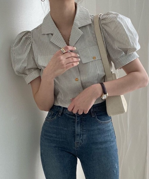 MANGROVE（マングローブ）の「オープンカラーストライプブラウス（シャツ/ブラウス・レディース・グレー/ブルー・FREE）」の13枚目の写真