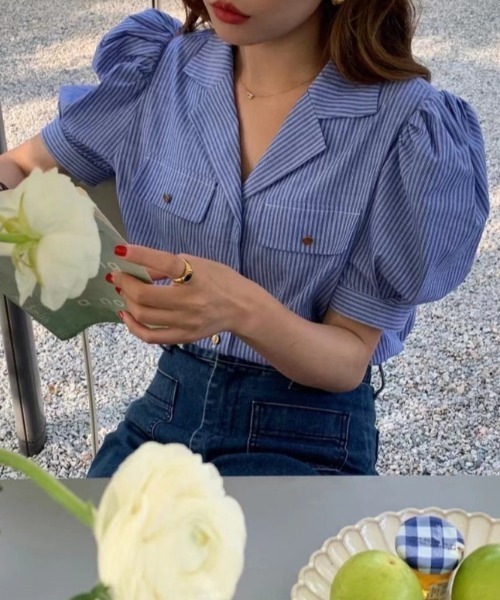 MANGROVE（マングローブ）の「オープンカラーストライプブラウス（シャツ/ブラウス・レディース・グレー/ブルー・FREE）」の12枚目の写真