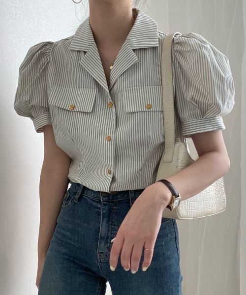 MANGROVE（マングローブ）の「オープンカラーストライプブラウス（シャツ/ブラウス・レディース・グレー/ブルー・FREE）」の15枚目の写真