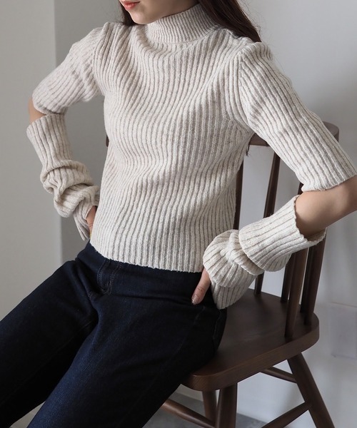 Riberry(リベリー)の「ウール混リブ ハイネックプルオーバー(ニット/セーター・レディース・オートミール/ライトブラウン/ブラック・MEDIUM)」の3枚目の写真