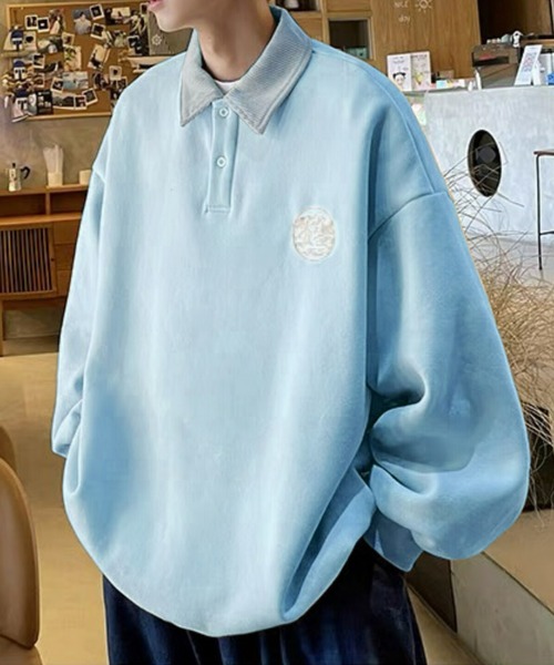 BASQUE magenta(バスクマゼンタ)の「ワンポイント刺繍コーデュロイ襟ルーズポロスウェット(スウェット・メンズ・ブラック/アイボリー/チャコール/オートミール/ライトブルー・M/L)」の5枚目の写真