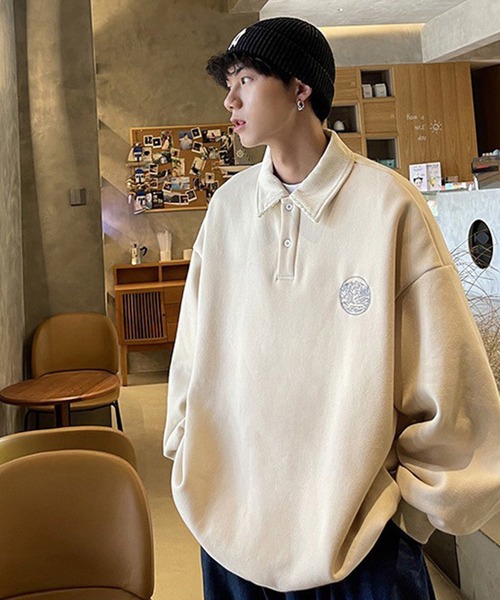 BASQUE magenta(バスクマゼンタ)の「ワンポイント刺繍コーデュロイ襟ルーズポロスウェット(スウェット・メンズ・ブラック/アイボリー/チャコール/オートミール/ライトブルー・M/L)」の6枚目の写真