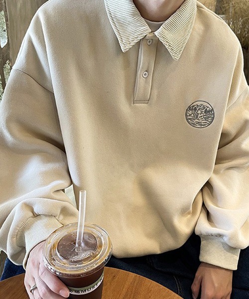 BASQUE magenta(バスクマゼンタ)の「ワンポイント刺繍コーデュロイ襟ルーズポロスウェット(スウェット・メンズ・ブラック/アイボリー/チャコール/オートミール/ライトブルー・M/L)」の11枚目の写真