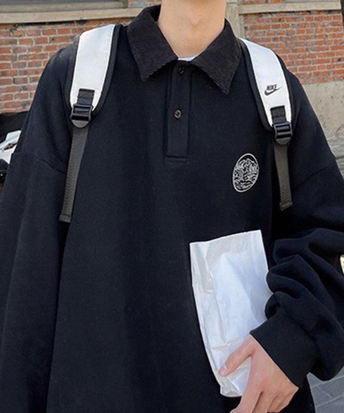 BASQUE magenta(バスクマゼンタ)の「ワンポイント刺繍コーデュロイ襟ルーズポロスウェット(スウェット・メンズ・ブラック/アイボリー/チャコール/オートミール/ライトブルー・M/L)」の19枚目の写真