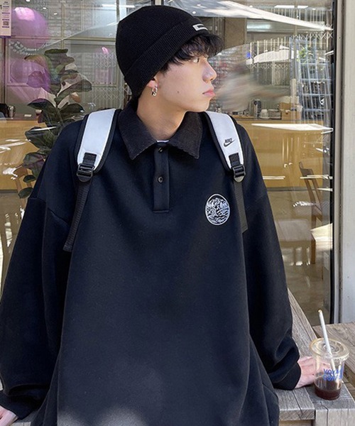 BASQUE magenta(バスクマゼンタ)の「ワンポイント刺繍コーデュロイ襟ルーズポロスウェット(スウェット・メンズ・ブラック/アイボリー/チャコール/オートミール/ライトブルー・M/L)」の20枚目の写真