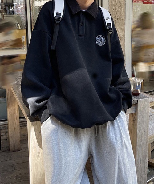 BASQUE magenta(バスクマゼンタ)の「ワンポイント刺繍コーデュロイ襟ルーズポロスウェット(スウェット・メンズ・ブラック/アイボリー/チャコール/オートミール/ライトブルー・M/L)」の13枚目の写真