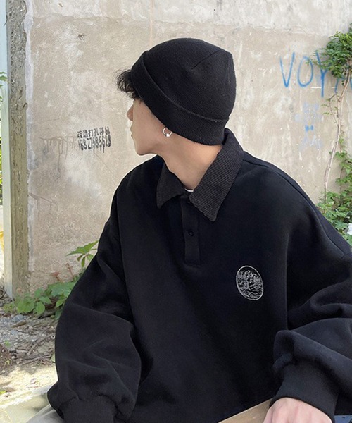 BASQUE magenta(バスクマゼンタ)の「ワンポイント刺繍コーデュロイ襟ルーズポロスウェット(スウェット・メンズ・ブラック/アイボリー/チャコール/オートミール/ライトブルー・M/L)」の15枚目の写真