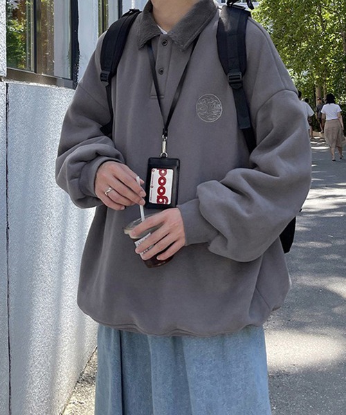 BASQUE magenta(バスクマゼンタ)の「ワンポイント刺繍コーデュロイ襟ルーズポロスウェット(スウェット・メンズ・ブラック/アイボリー/チャコール/オートミール/ライトブルー・M/L)」の21枚目の写真