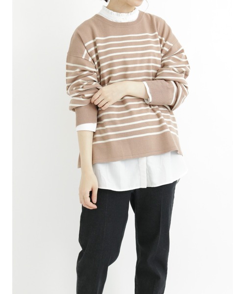 Samansa Mos2 blue(サマンサモスモスブルー)の「ボーダーニットプルオーバー(ニット/セーター・レディース・ブラック/ベージュ/ブラウン/オフホワイト/グリーン・フリ-)」の4枚目の写真