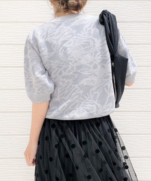 Q（キュー）の「ジャガード半袖ニット（ニット/セーター・レディース・ネイビー/ライトグレー・MEDIUM）」の7枚目の写真