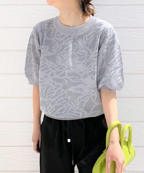 Q（キュー）の「ジャガード半袖ニット（ニット/セーター・レディース・ネイビー/ライトグレー・MEDIUM）」の6枚目の写真