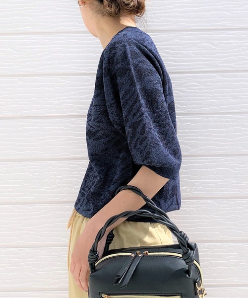 Q（キュー）の「ジャガード半袖ニット（ニット/セーター・レディース・ネイビー/ライトグレー・MEDIUM）」の8枚目の写真