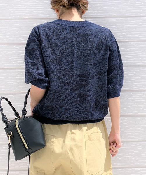 Q（キュー）の「ジャガード半袖ニット（ニット/セーター・レディース・ネイビー/ライトグレー・MEDIUM）」の9枚目の写真