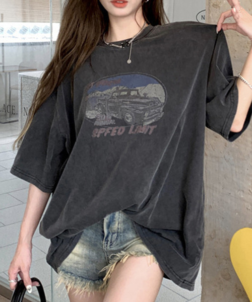 古着風 ウォッシュド加工 オーバーサイズプリントTシャツ