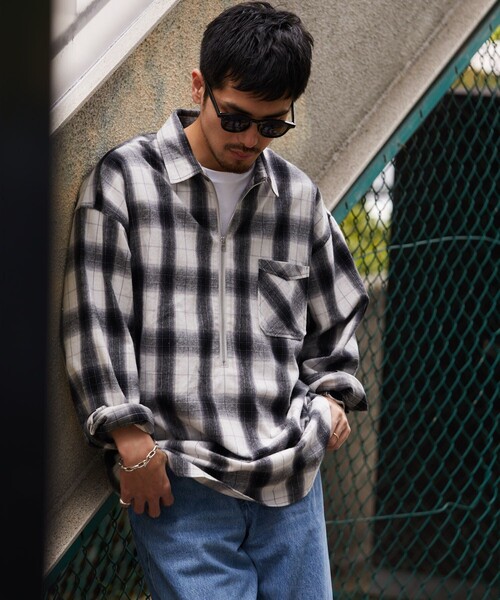 HINSON（ヒンソン）の「HINSON/ヒンソン ハーフジップ ネルシャツ L/S /ロングスリーブ（シャツ/ブラウス・メンズ・ブラック/ベージュ・MEDIUM/LARGE）」の3枚目の写真