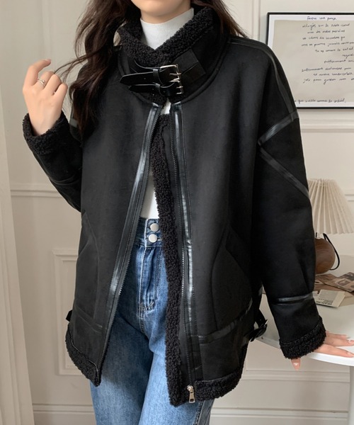 ABITOKYO（アビトーキョー）の「ボアフェイクムートンフライトジャケットブルゾン（ムートンコート・レディース・ブラック/ブラウン・FREE）」の12枚目の写真