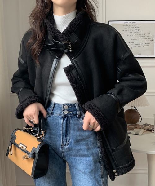 ABITOKYO（アビトーキョー）の「ボアフェイクムートンフライトジャケットブルゾン（ムートンコート・レディース・ブラック/ブラウン・FREE）」の17枚目の写真