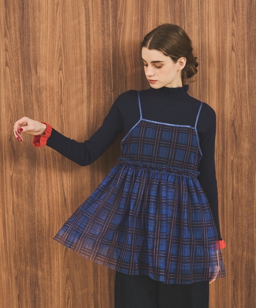 MERLOT（メルロー）の「チェックチュールキャミトップス（キャミソール・レディース・ベージュ/ブルー/グリーン・FREE）」の4枚目の写真