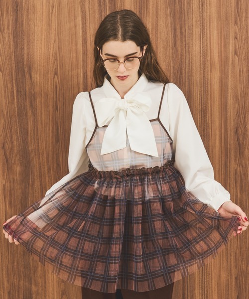 MERLOT（メルロー）の「チェックチュールキャミトップス（キャミソール・レディース・ベージュ/ブルー/グリーン・FREE）」の16枚目の写真