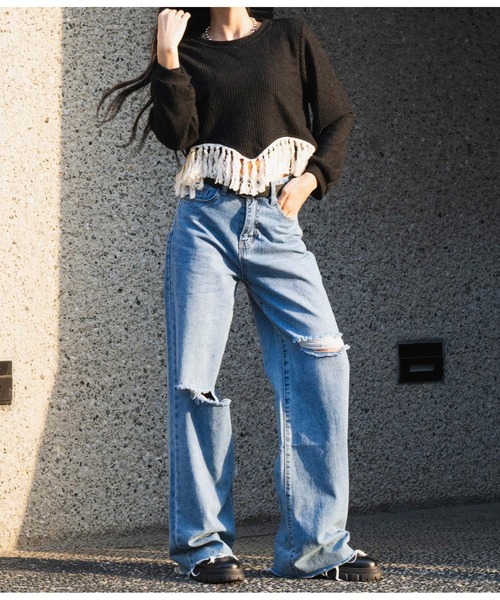 LATINA(ラティーナ)の「裾フリンジ ニットソー Uネック 長袖(ニット/セーター・レディース・ブラック・FREE)」の6枚目の写真