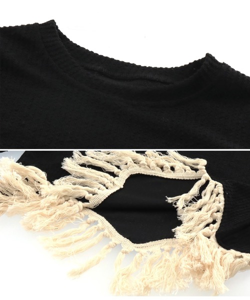 LATINA(ラティーナ)の「裾フリンジ ニットソー Uネック 長袖(ニット/セーター・レディース・ブラック・FREE)」の2枚目の写真