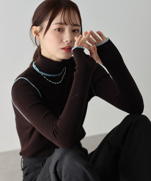BLUEEAST(ブルーイースト)の「配色タートルネックニット(ニット/セーター・レディース・ブラック/ブラウン/ミント/ピンク/アイボリー・MEDIUM)」の3枚目の写真